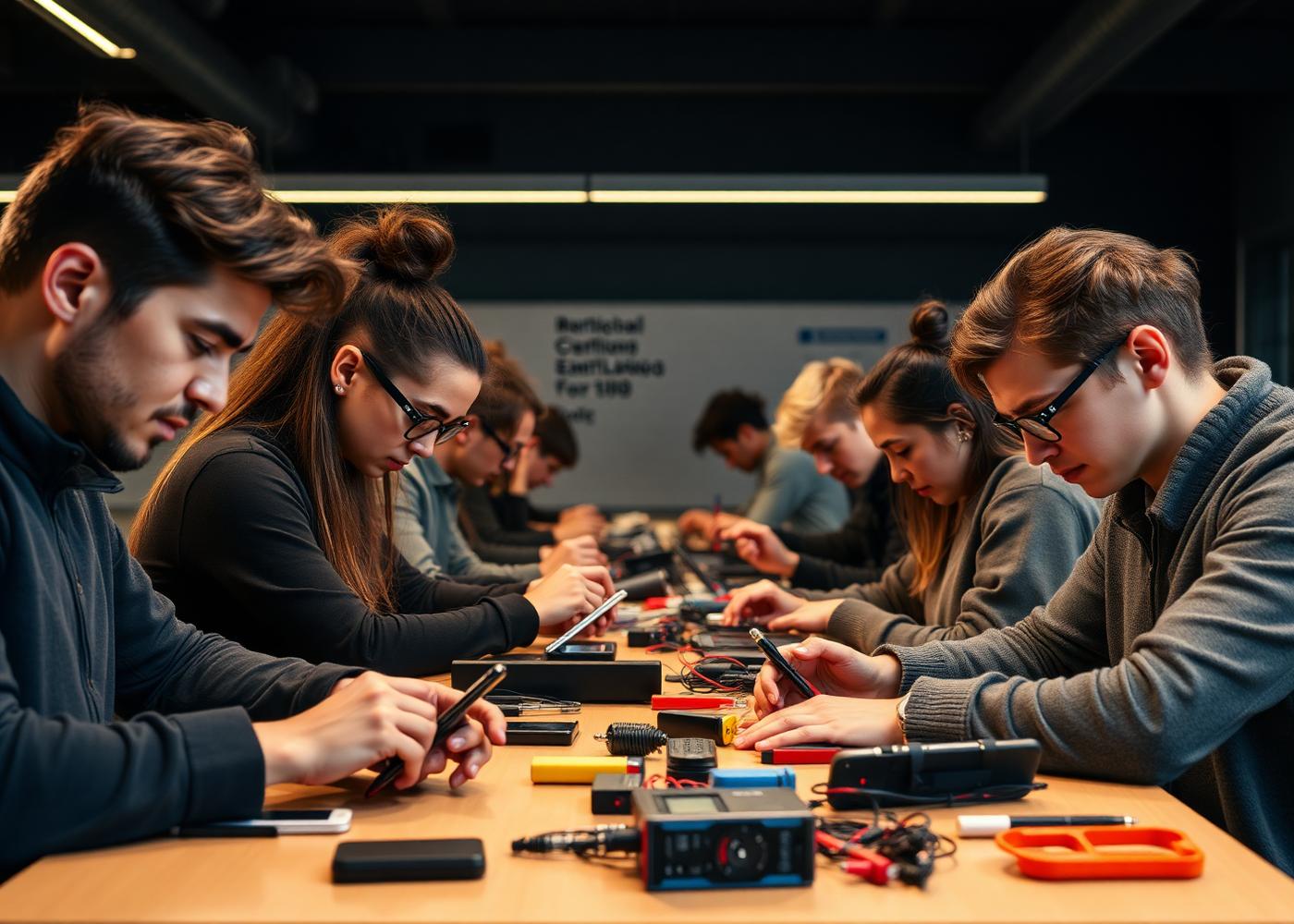 Students training in a repair workshop